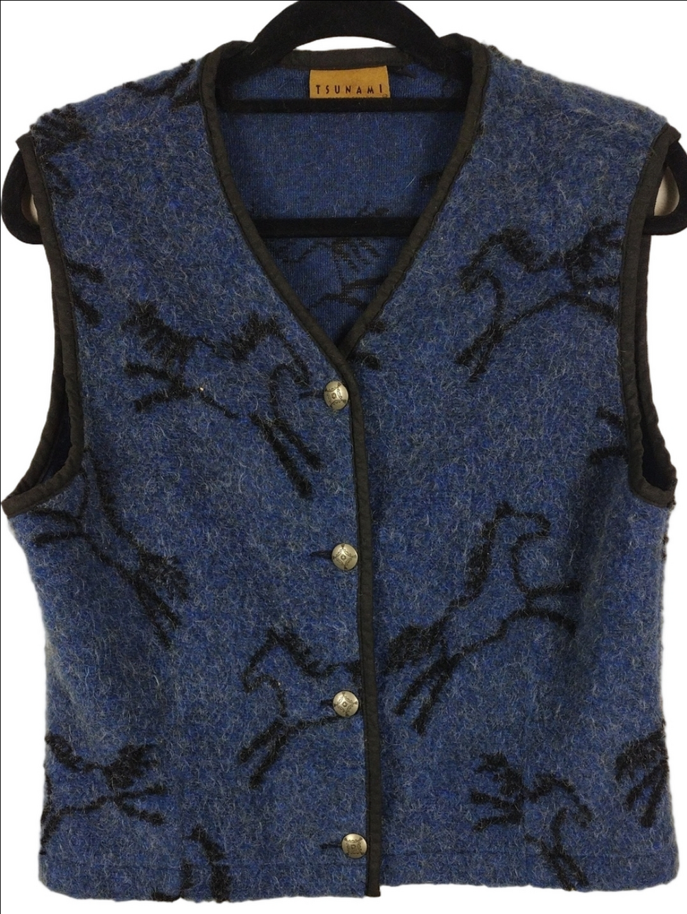 Tsunami Vintage Blue Mohair Blend Horse Print V-Neck Button Front Vest Jacket